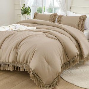 Tan Boho Tassels California King Size Bed Comforter Shams Bohemian Bedding Set